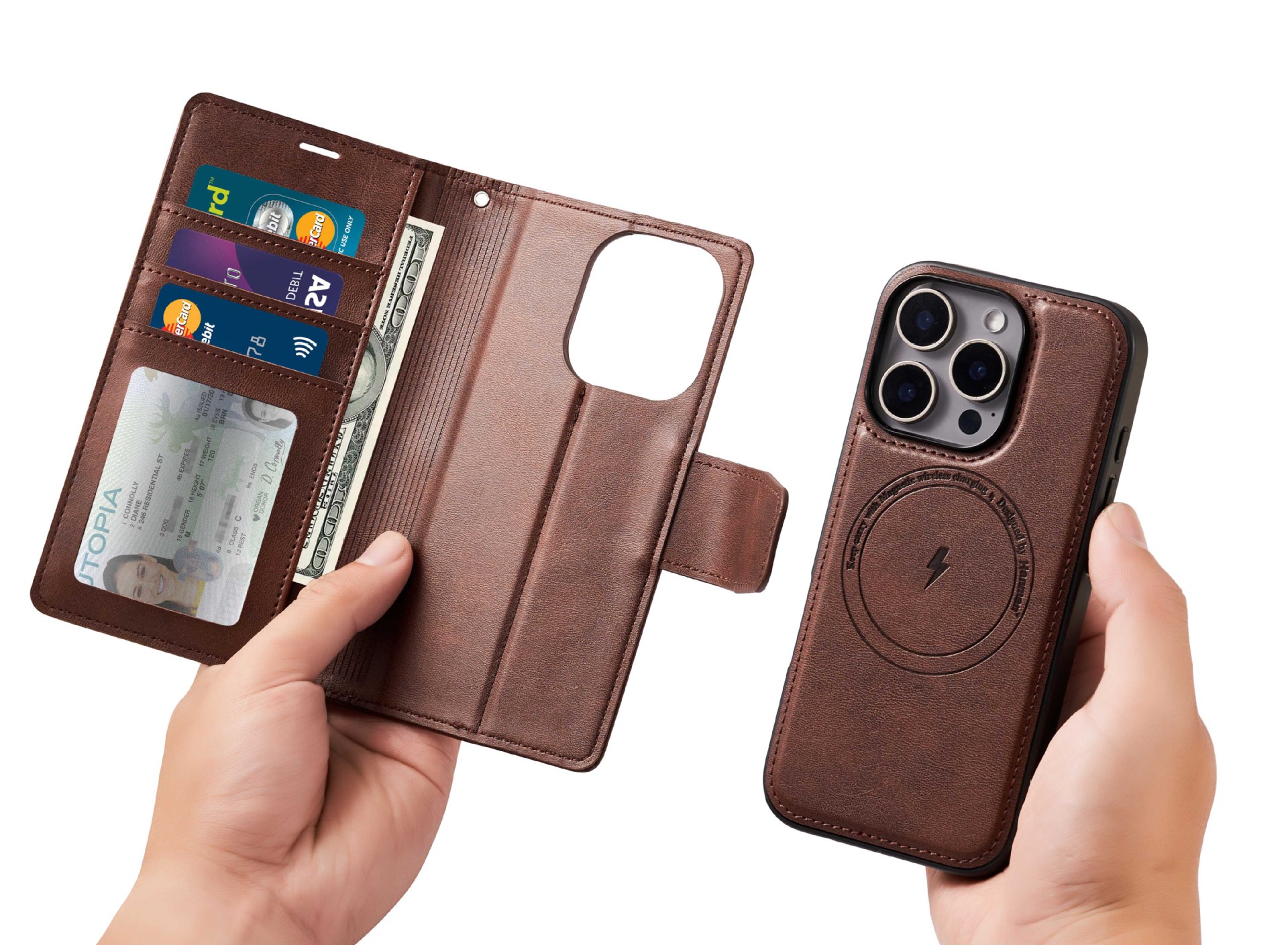手帳型スマホケース 二つ折り財布風マグネット着脱式ケース