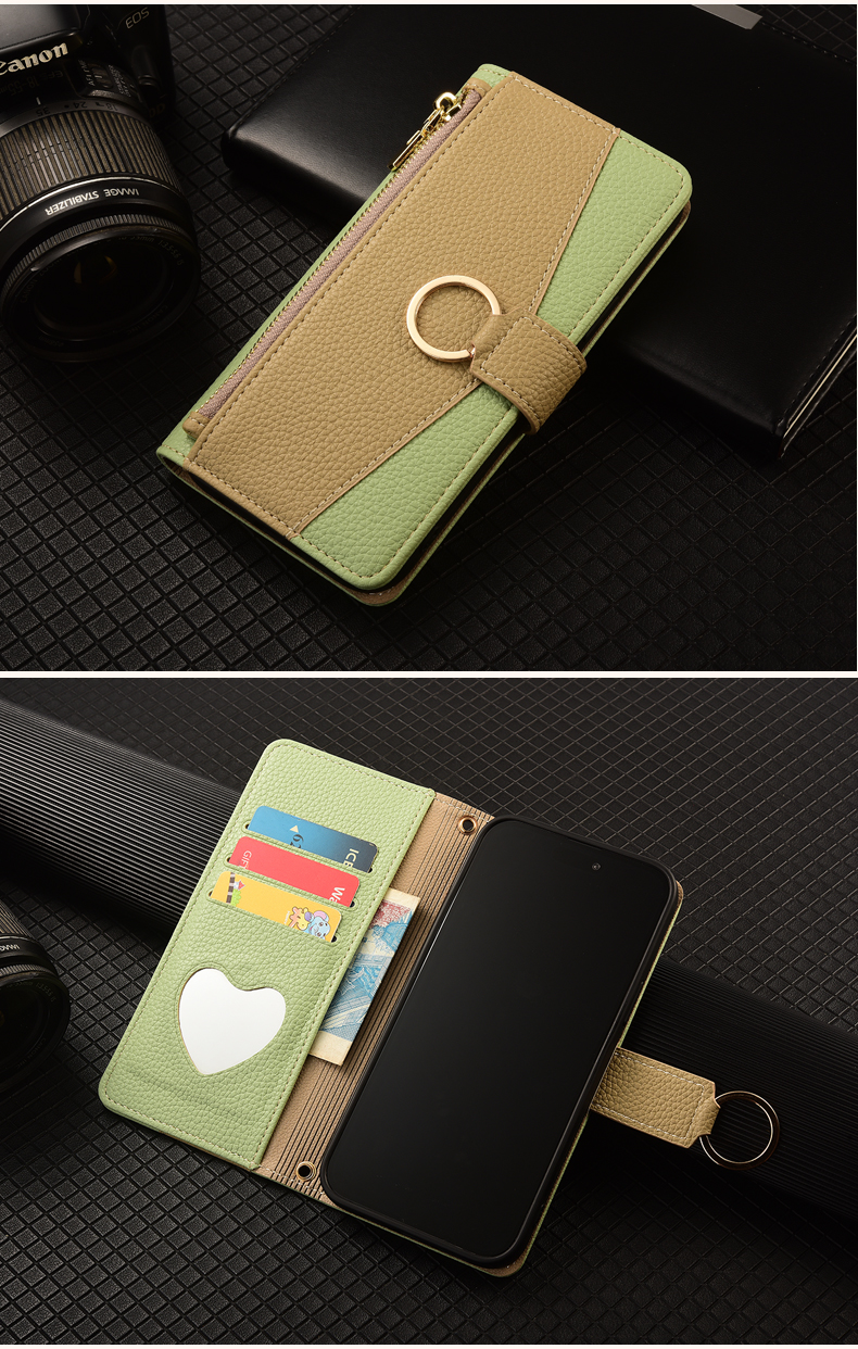 手帳型スマホケース リング付きお財布風二色使い手帳型ケース