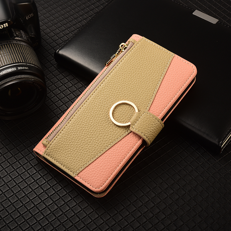 手帳型スマホケース リング付きお財布風二色使い手帳型ケース