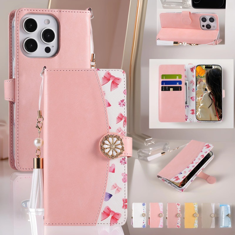 手帳型スマホケース リボン模様 花飾り付き多機能手帳型