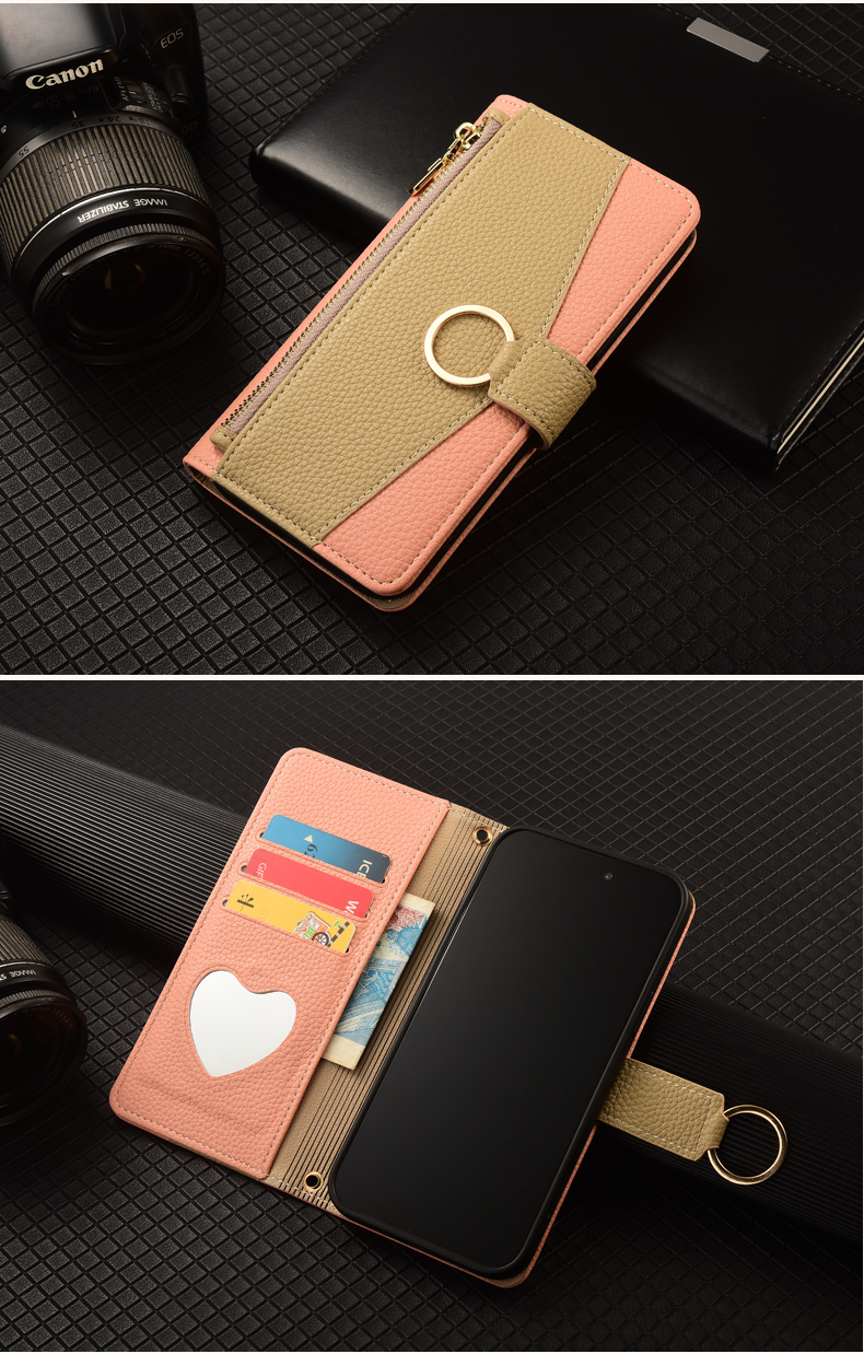 手帳型スマホケース リング付きお財布風二色使い手帳型ケース