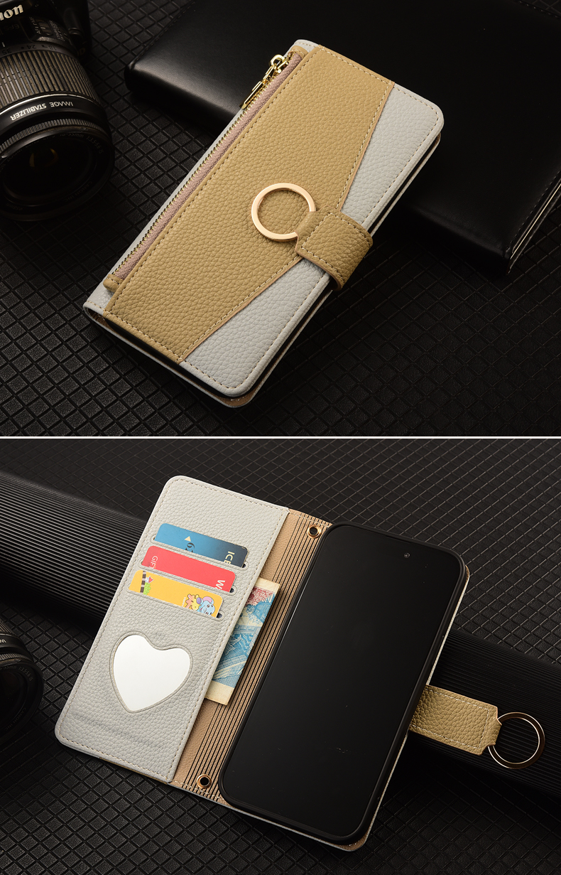 手帳型スマホケース リング付きお財布風二色使い手帳型ケース