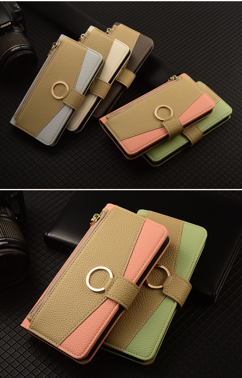 手帳型スマホケース リング付きお財布風二色使い手帳型ケース