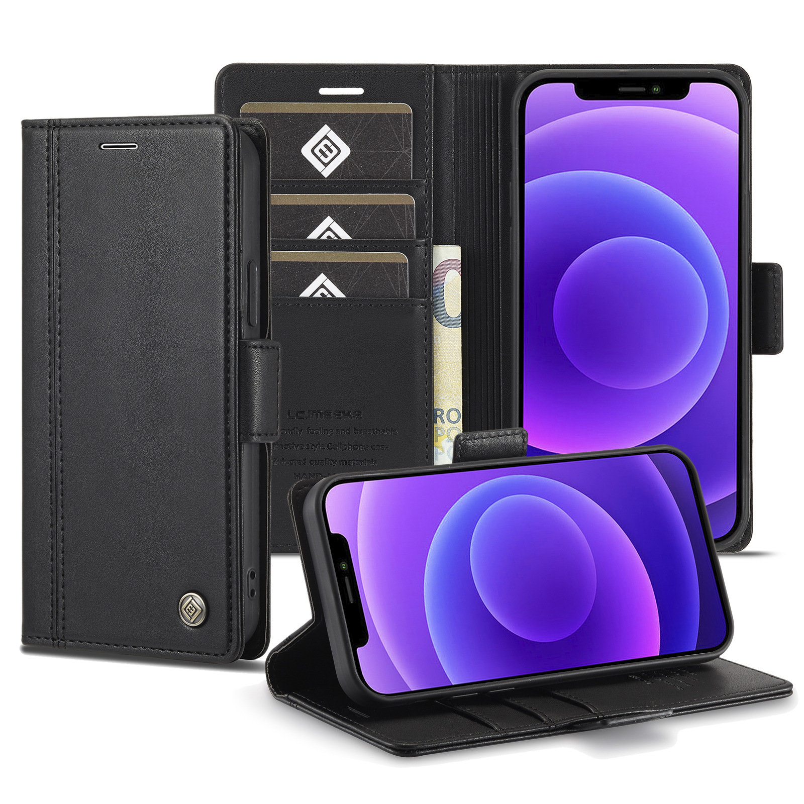 手帳型スマホケース 多機能収納付き高級手帳型ケース