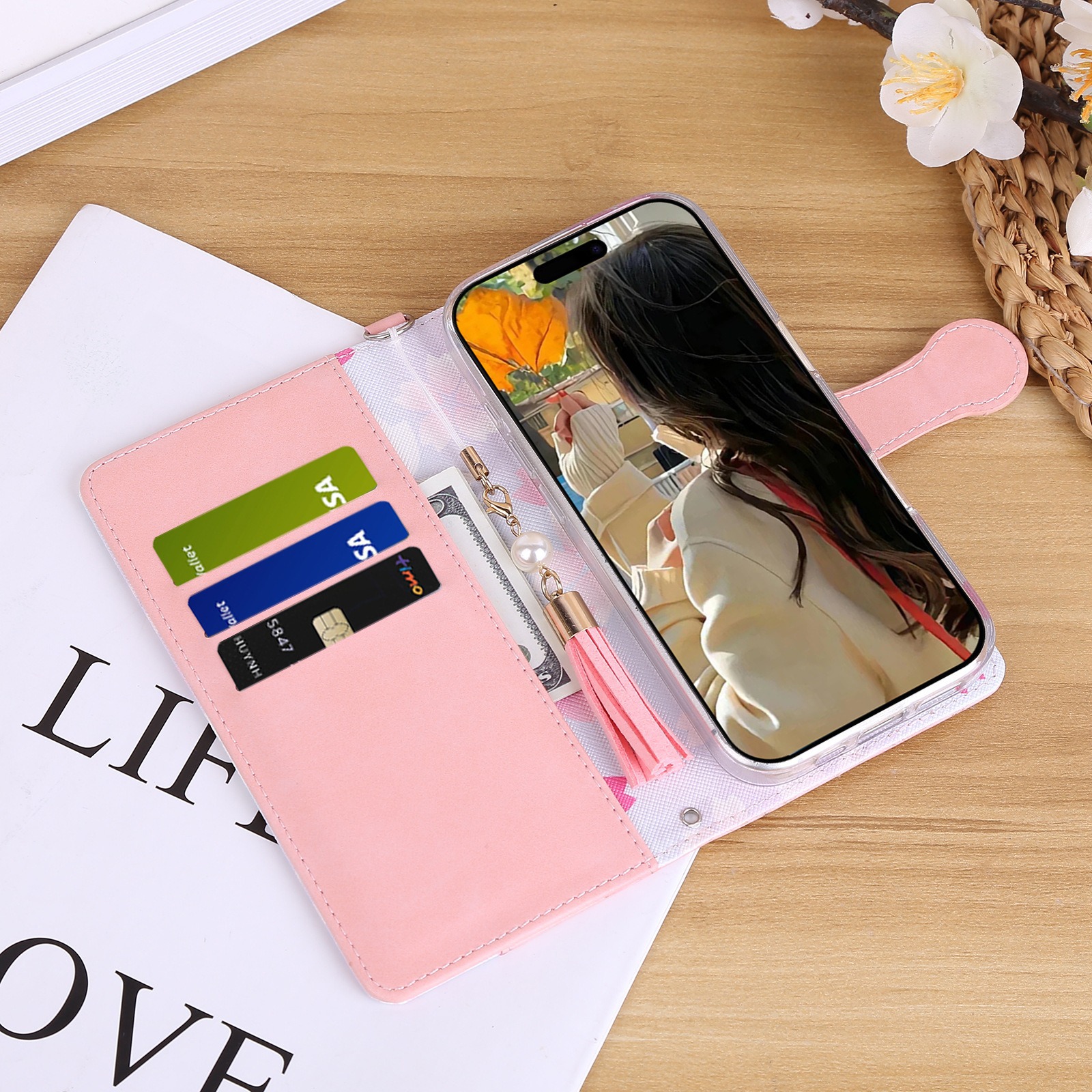 手帳型スマホケース リボン模様 花飾り付き多機能手帳型