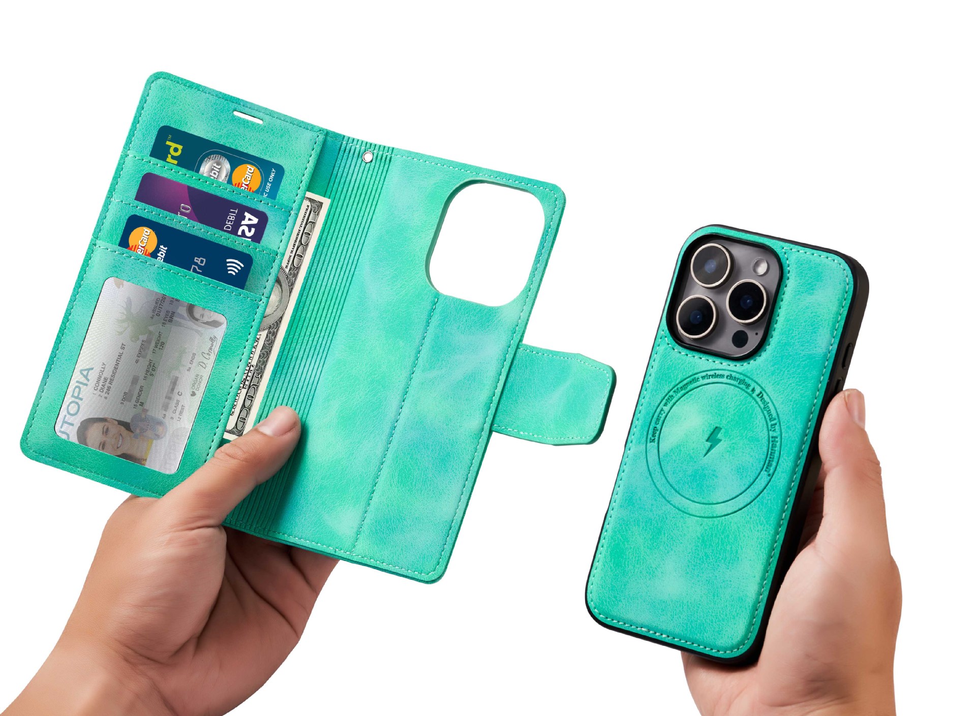 手帳型スマホケース 二つ折り財布風マグネット着脱式ケース
