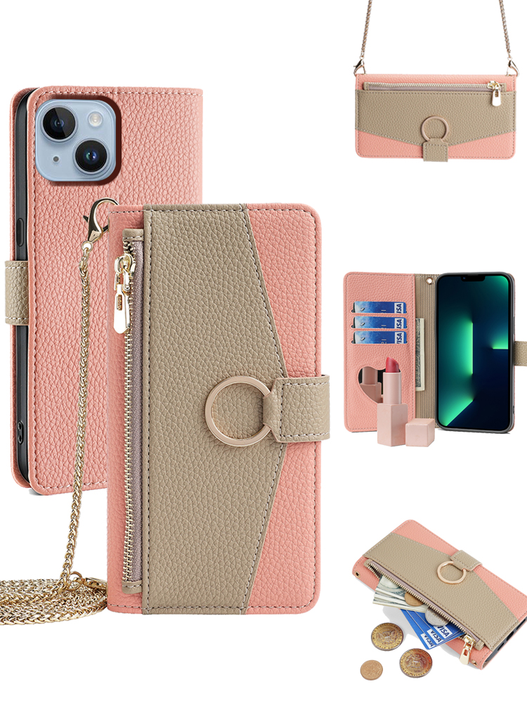 手帳型スマホケース リング付きお財布風二色使い手帳型ケース