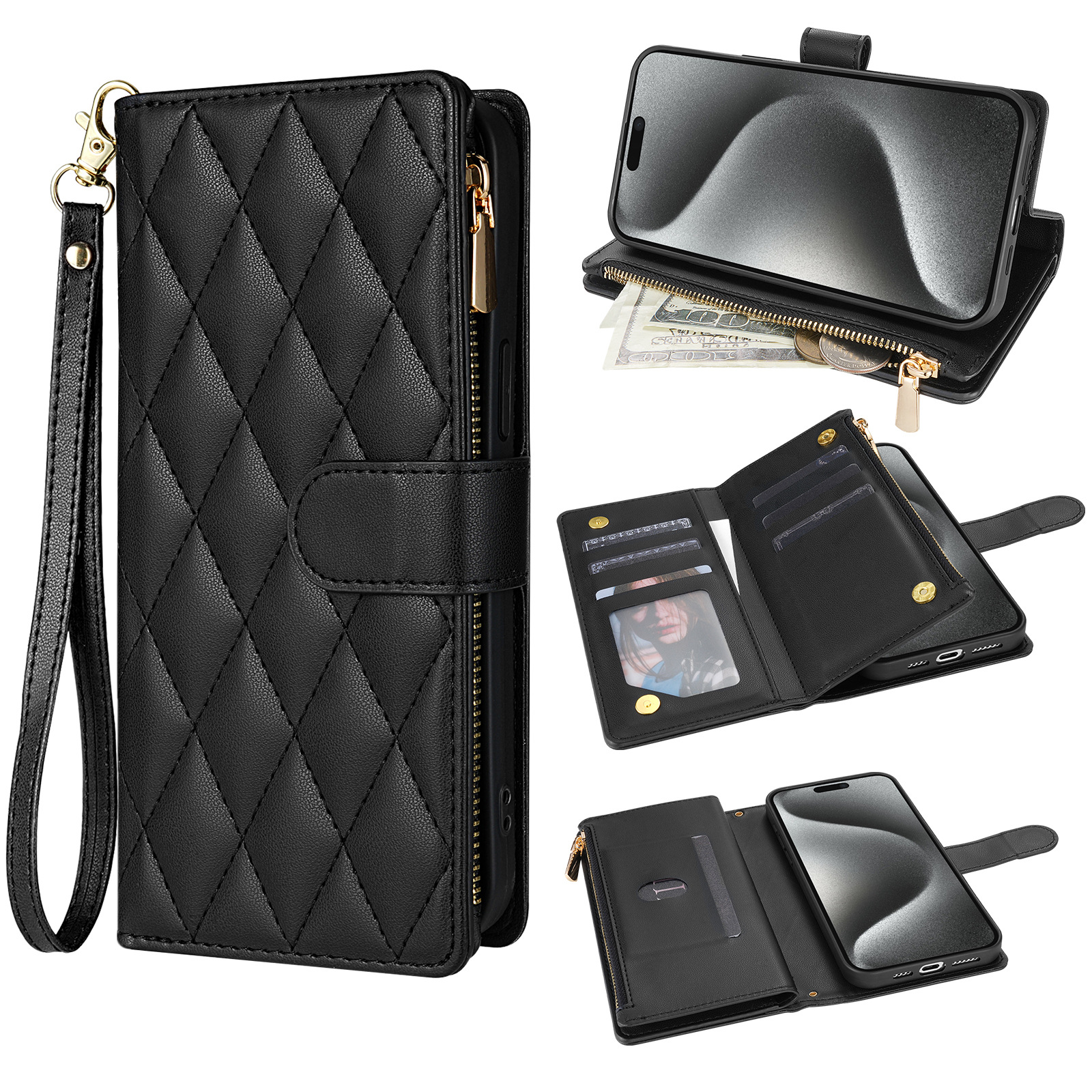 手帳型スマホケース 菱格紋ストラップ付き手帳型ケース