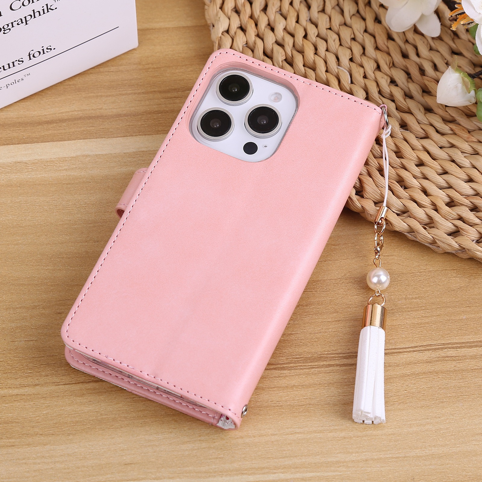 手帳型スマホケース リボン模様 花飾り付き多機能手帳型