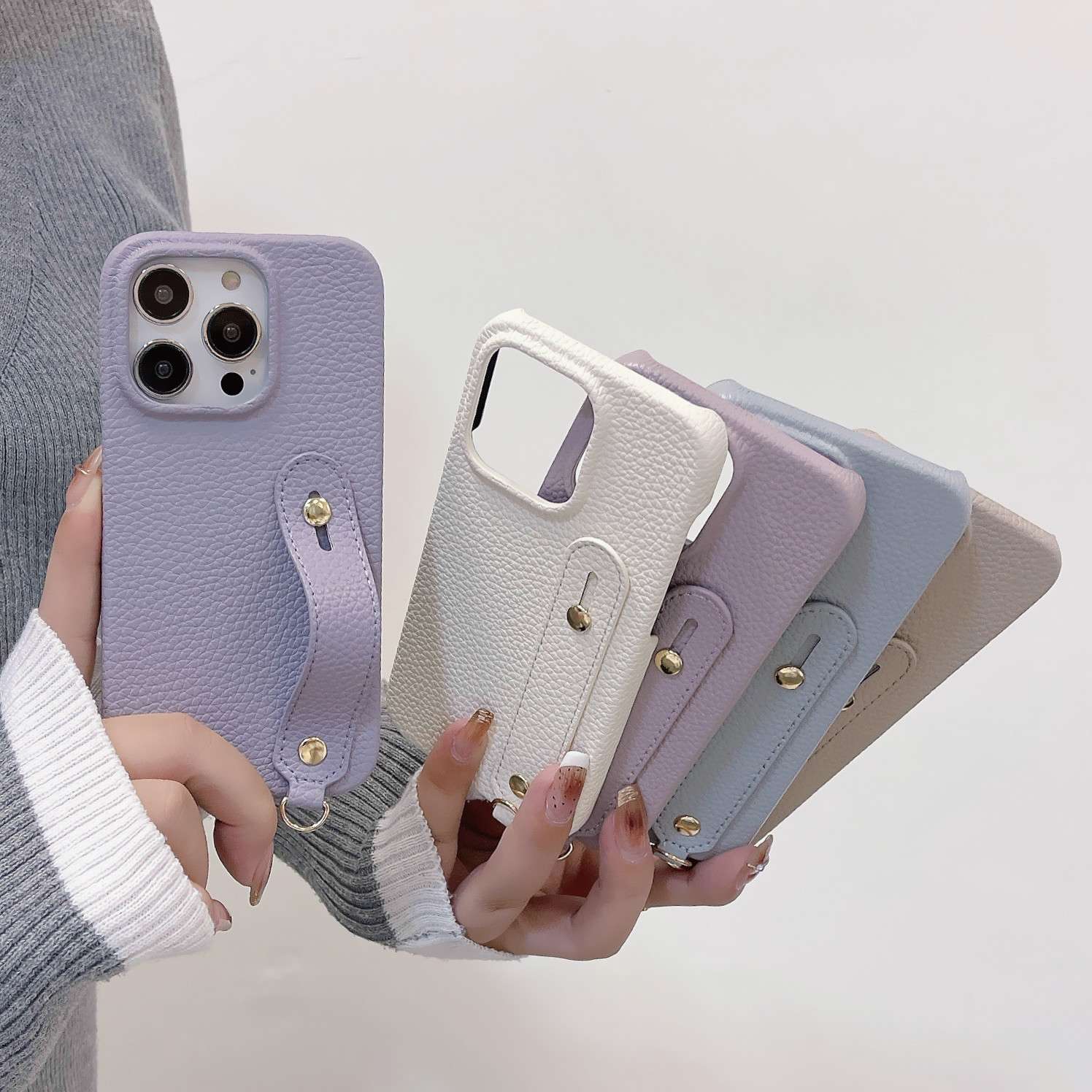 手帳型スマホケース  レザー風ストラップ付きiPhoneケース