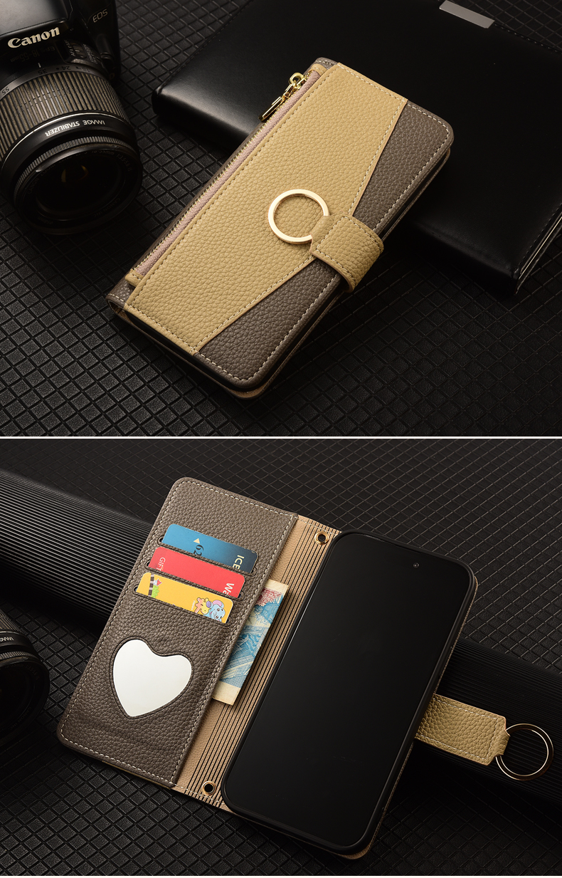 手帳型スマホケース リング付きお財布風二色使い手帳型ケース
