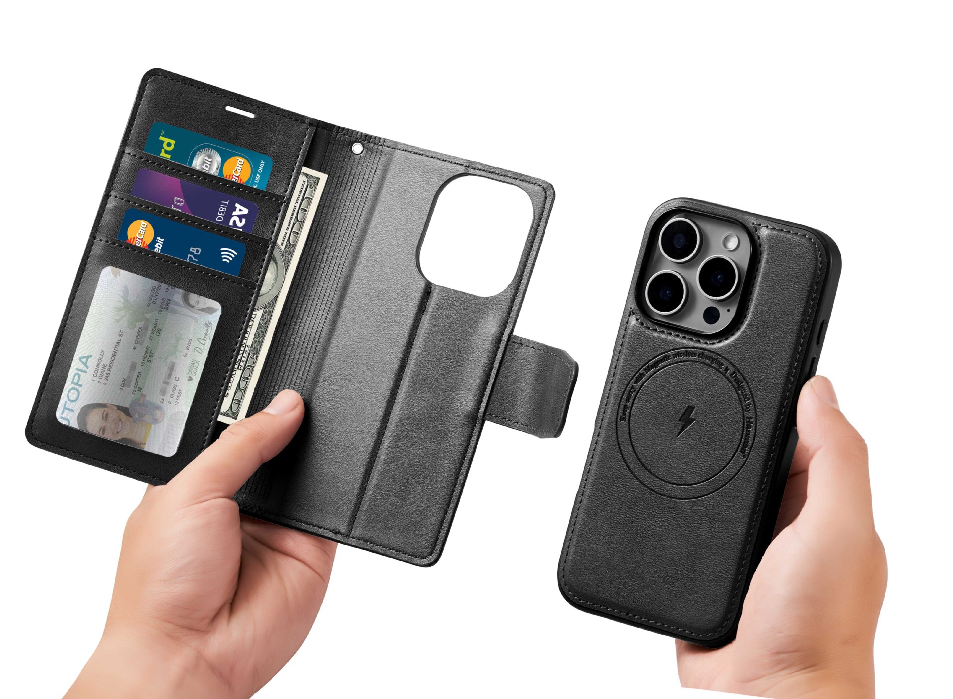 手帳型スマホケース 二つ折り財布風マグネット着脱式ケース