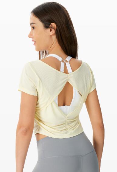 スポーツTシャツ 女性用背中開きヨガ半袖速乾スポーツ上着
