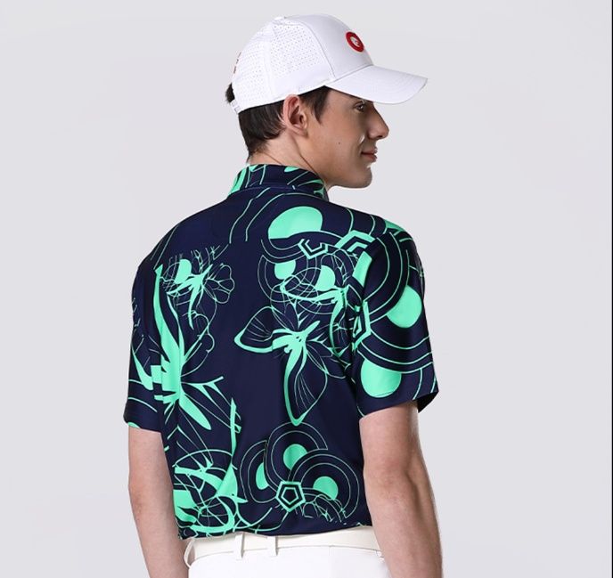 スポーツTシャツ ゴルフ 花模様 伸縮ゴルフポロシャツ