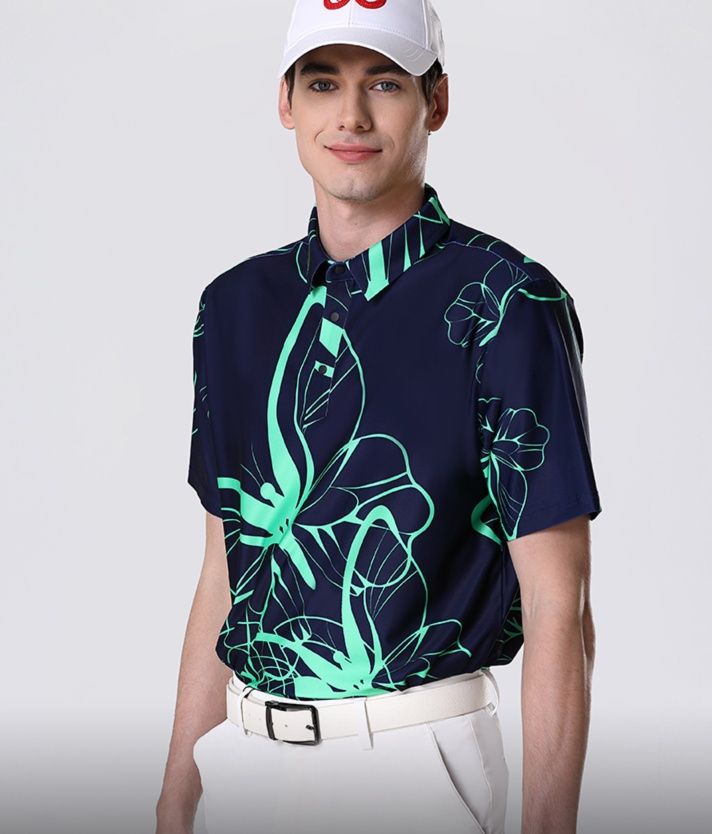 スポーツTシャツ ゴルフ 花模様 伸縮ゴルフポロシャツ