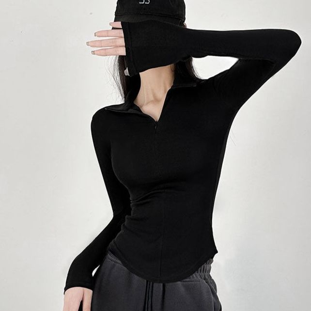 スポーツTシャツ 襟付きジップアップ長袖ゴルフウェア