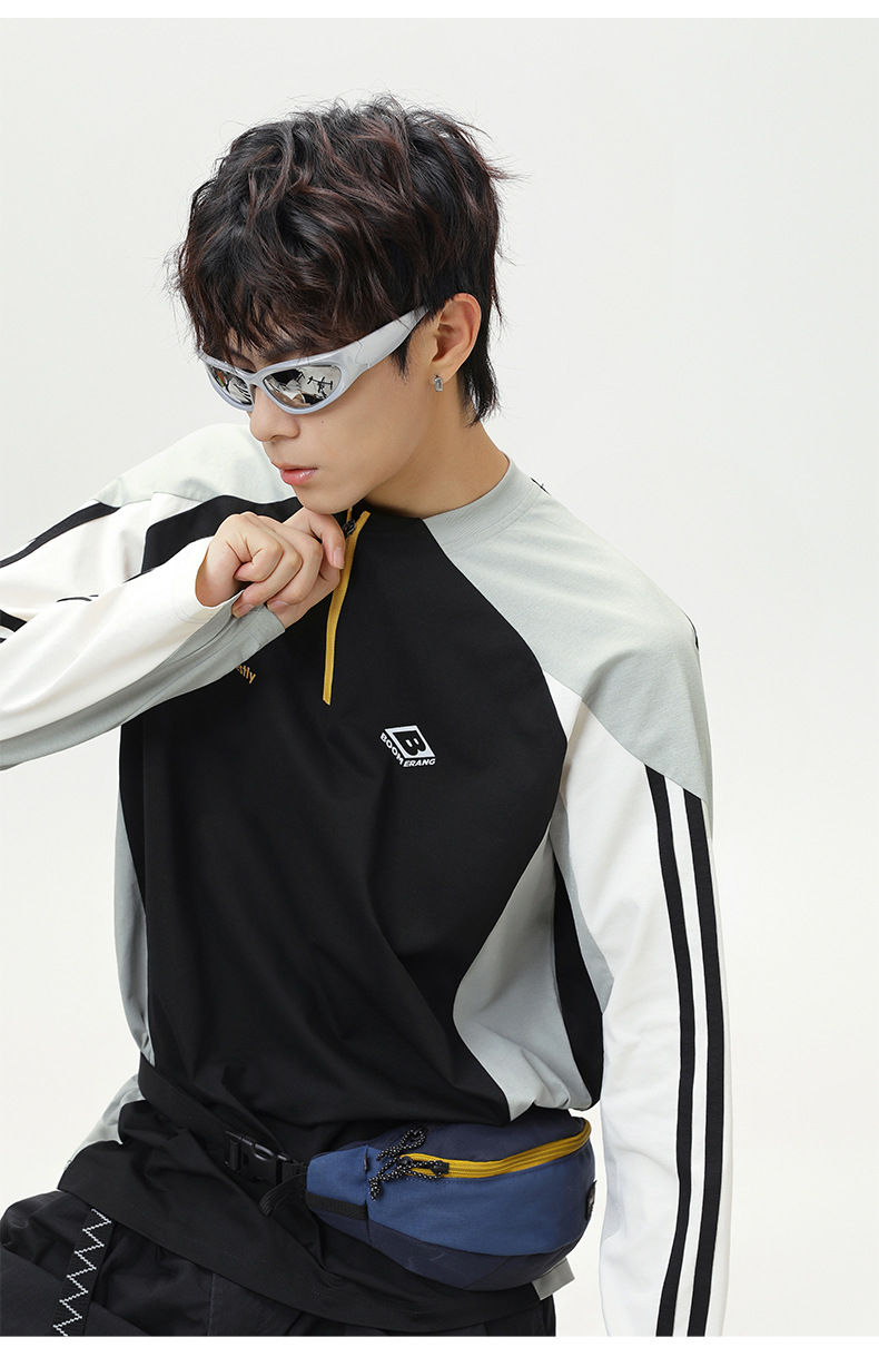 スポーツTシャツ メンズ配色切替ハーフジップスポーツ長袖Tシャツ