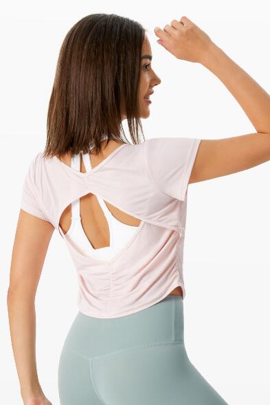 スポーツTシャツ 女性用背中開きヨガ半袖速乾スポーツ上着