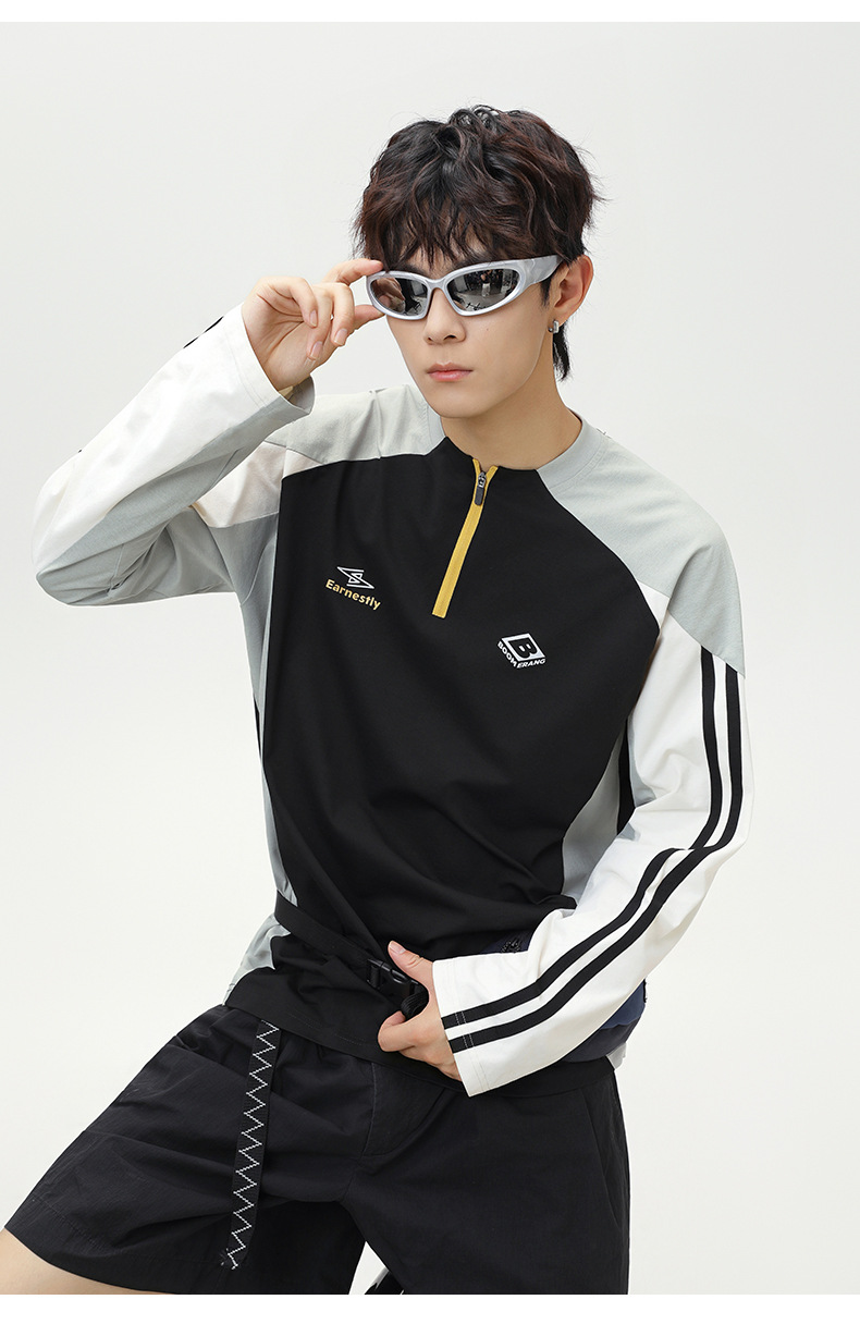 スポーツTシャツ メンズ配色切替ハーフジップスポーツ長袖Tシャツ