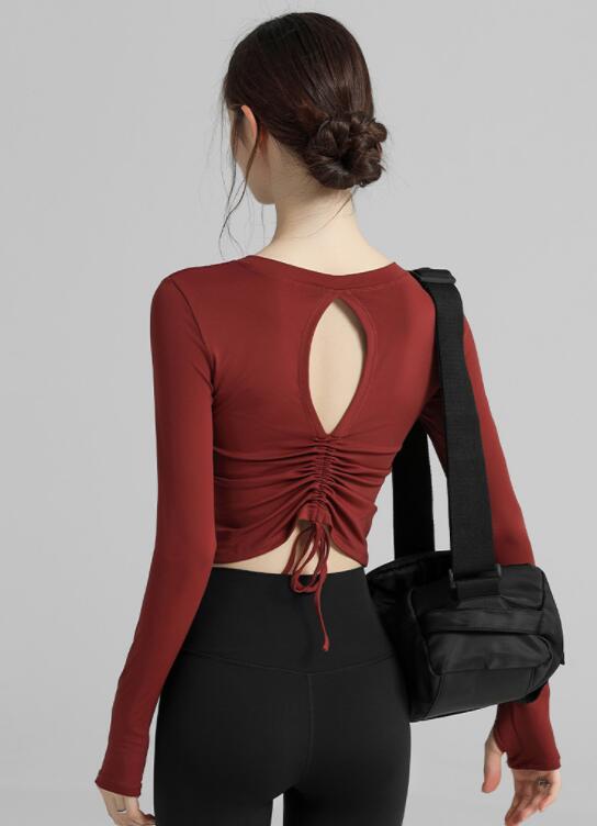 スポーツTシャツ 速乾ストレッチ長袖ヨガトップス背中開き