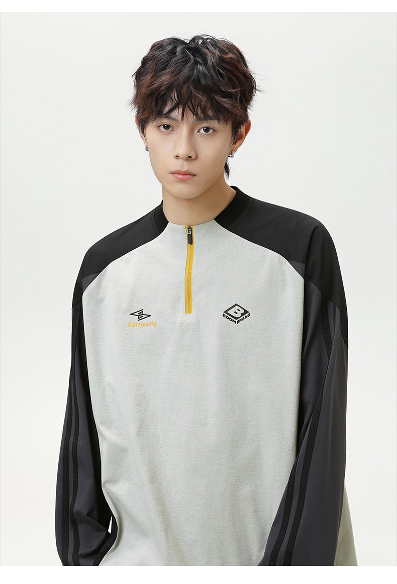 スポーツTシャツ メンズ配色切替ハーフジップスポーツ長袖Tシャツ