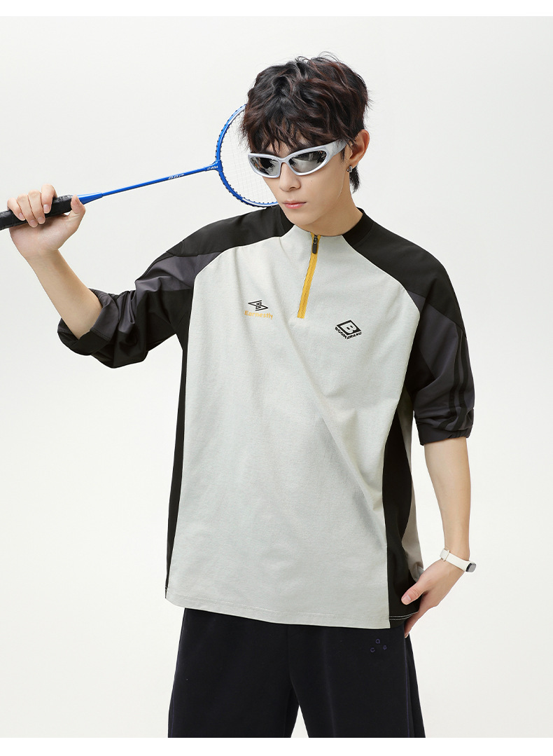 スポーツTシャツ メンズ配色切替ハーフジップスポーツ長袖Tシャツ