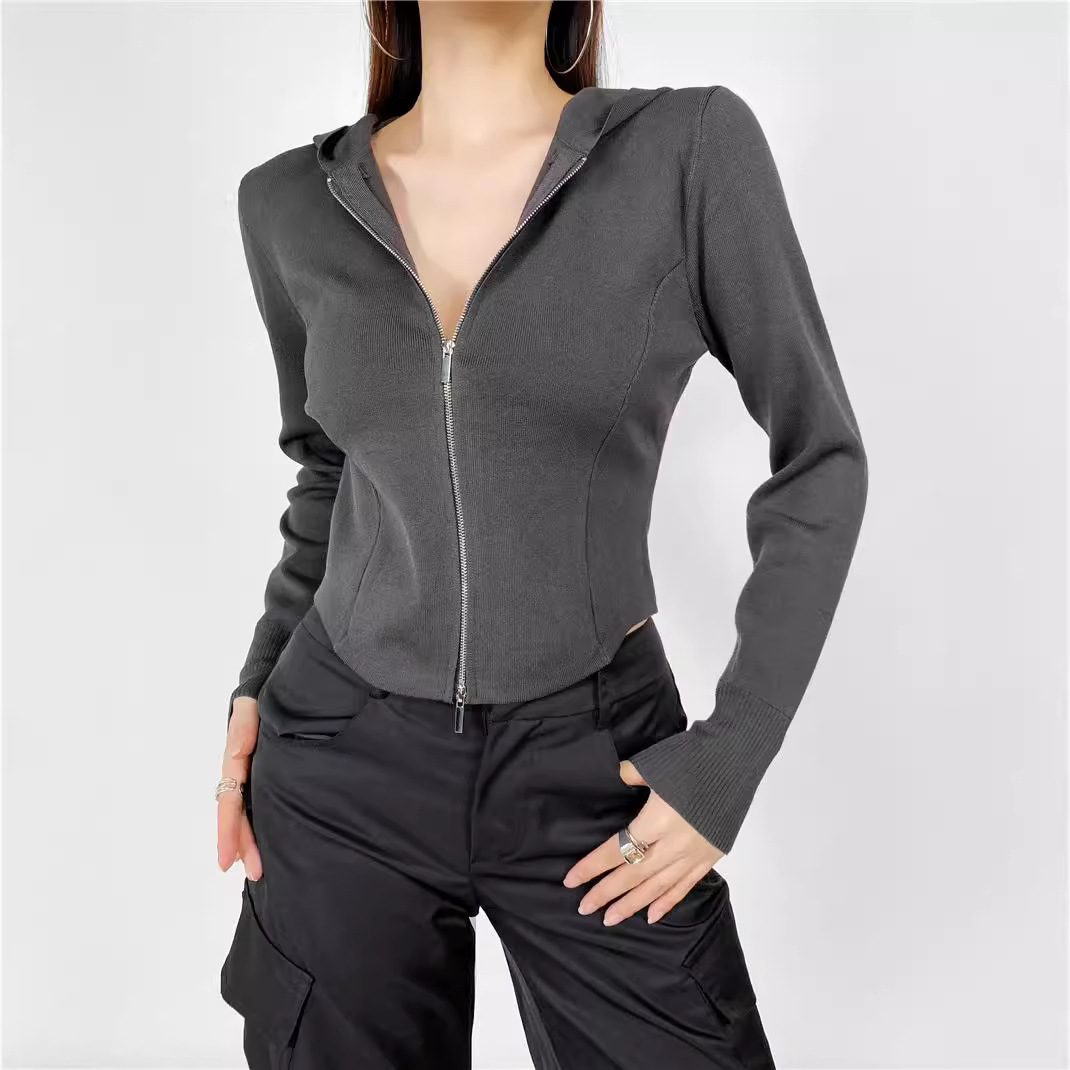 スポーツTシャツ フード付きジップアップ長袖ニットジャケット