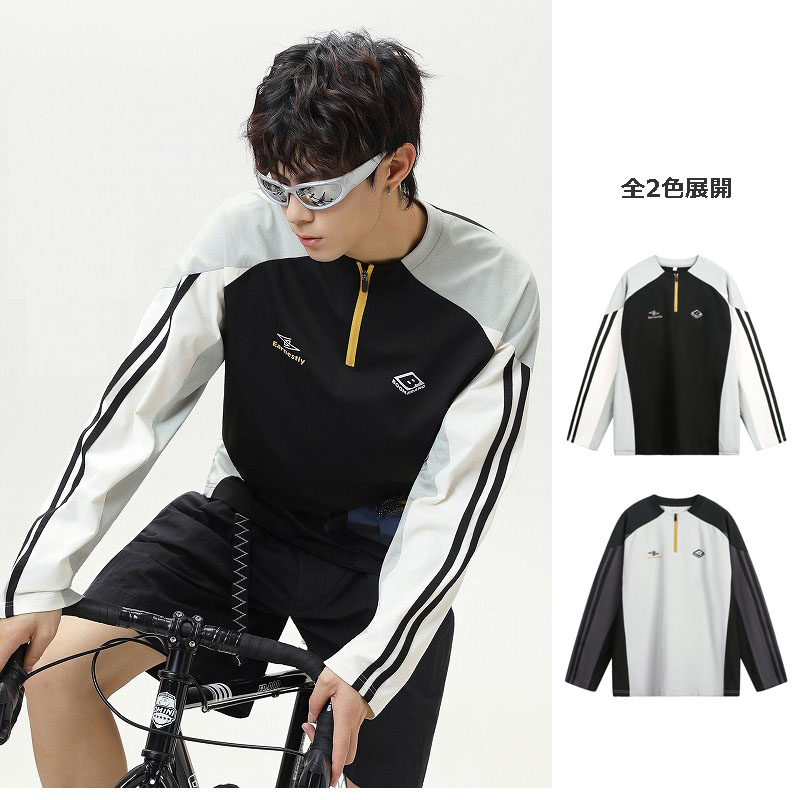 スポーツTシャツ メンズ配色切替ハーフジップスポーツ長袖Tシャツ
