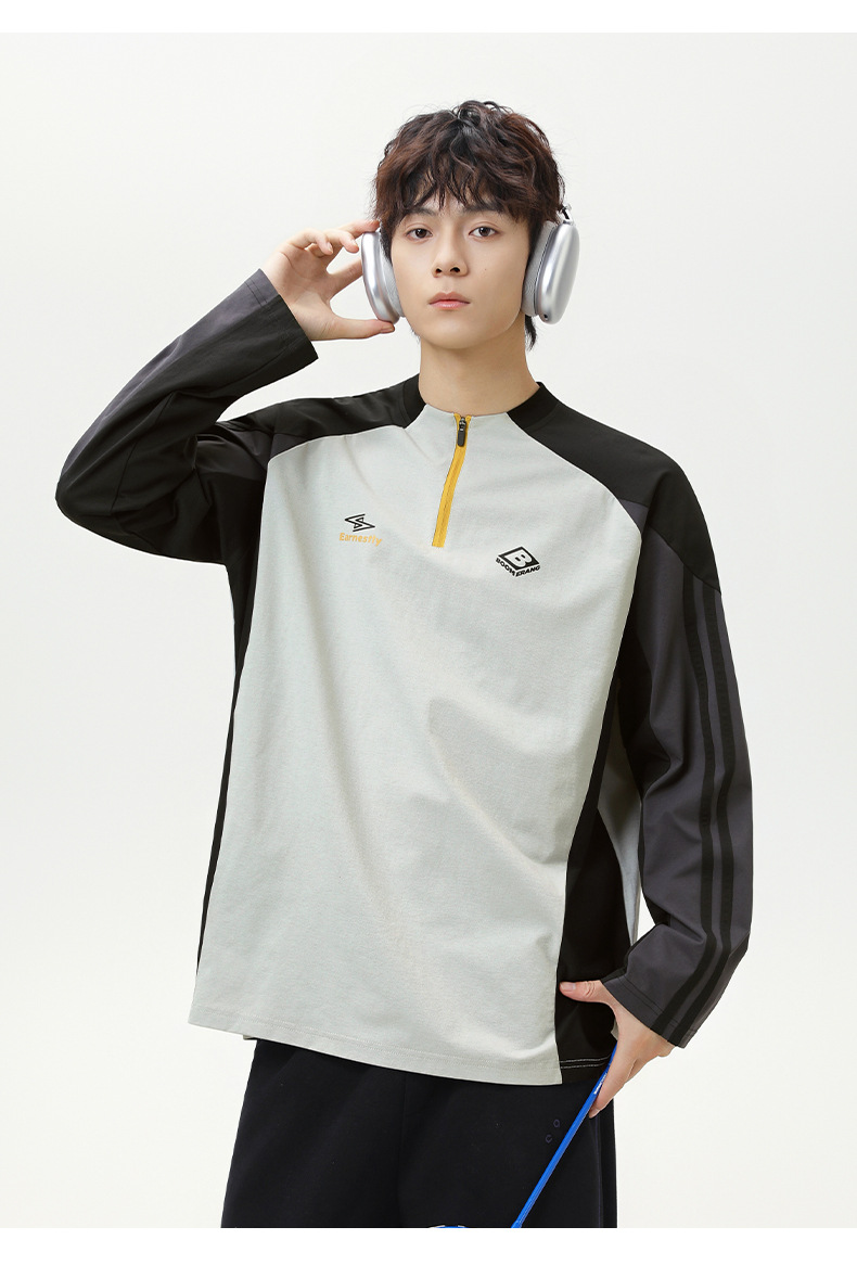 スポーツTシャツ メンズ配色切替ハーフジップスポーツ長袖Tシャツ