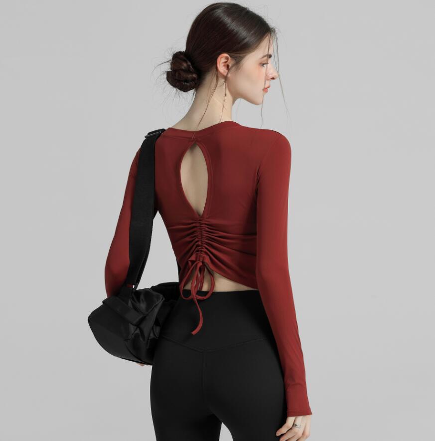 スポーツTシャツ 速乾ストレッチ長袖ヨガトップス背中開き