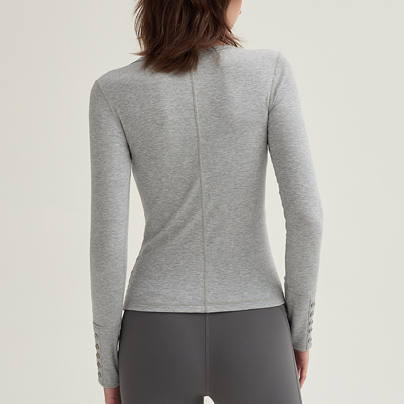 スポーツTシャツ ボタン付き長袖リブニットゴルフトップス