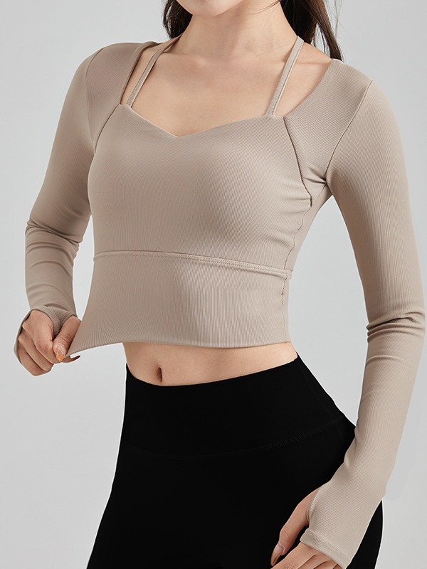 スポーツTシャツ 胸元開きデザイン長袖クロップドトップス ライニング