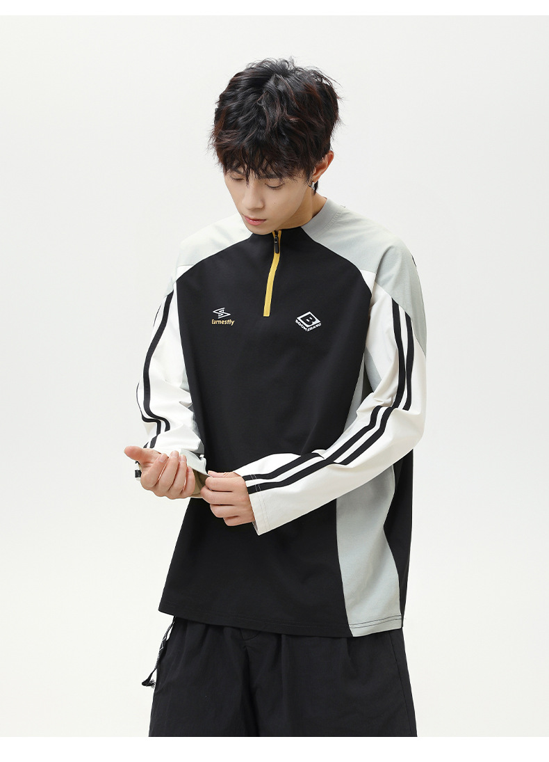 スポーツTシャツ メンズ配色切替ハーフジップスポーツ長袖Tシャツ