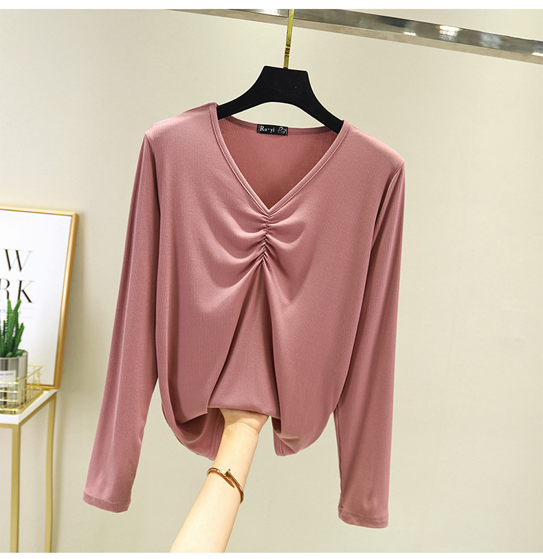 スポーツTシャツ シャーリング加工Vネック長袖Tシャツ