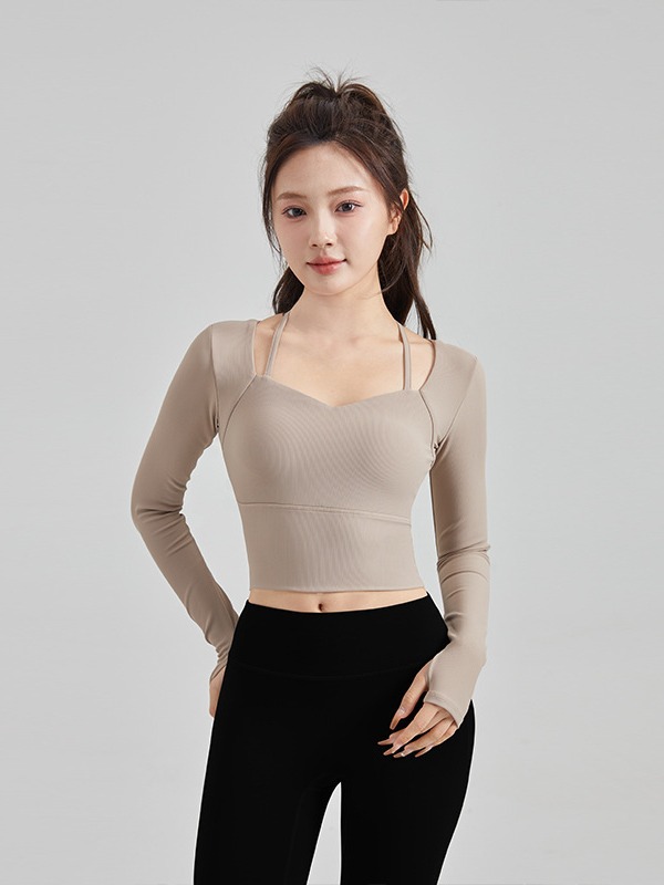 スポーツTシャツ 胸元開きデザイン長袖クロップドトップス ライニング