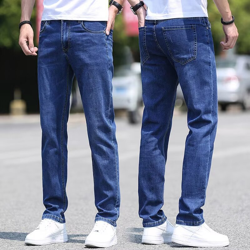 ストレートパンツ 涼感シルキー素材ストレートデニムパンツ