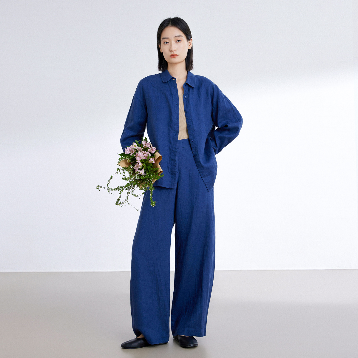 ストレートパンツ 美シルエット シンプルリネンワイドパンツ