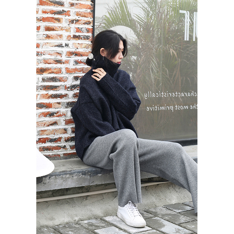ストレートパンツ リブワイドニットパンツ 大人かわいい暖かい楽ちん