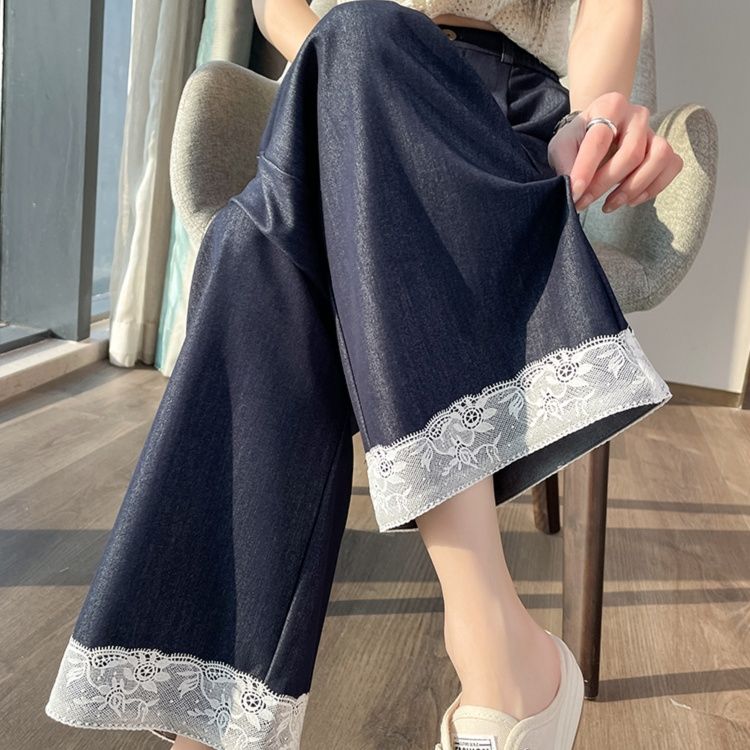 ストレートパンツ レース裾飾りワイドデニムパンツ