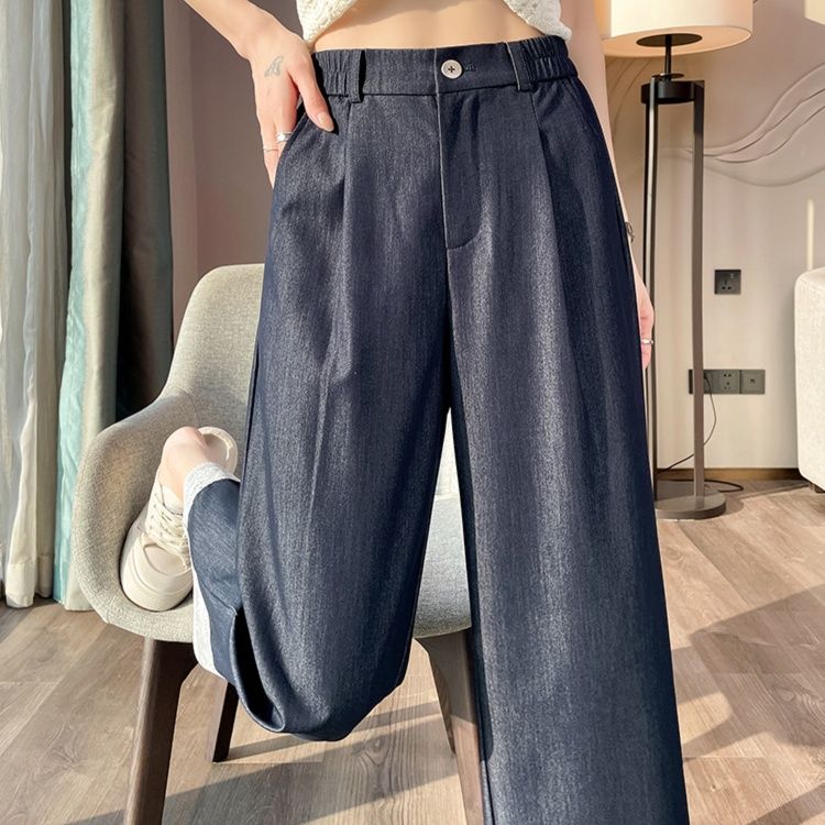 ストレートパンツ レース裾飾りワイドデニムパンツ