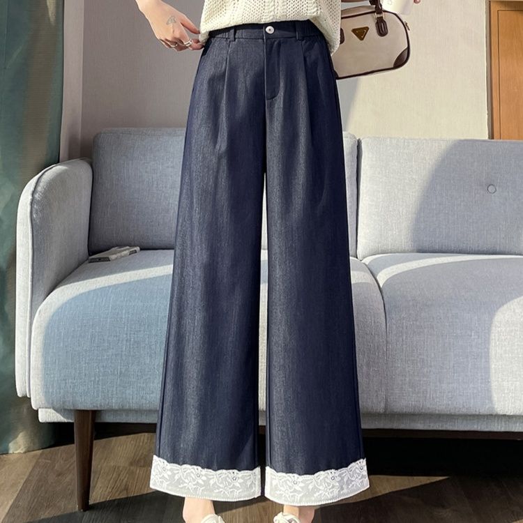 ストレートパンツ レース裾飾りワイドデニムパンツ