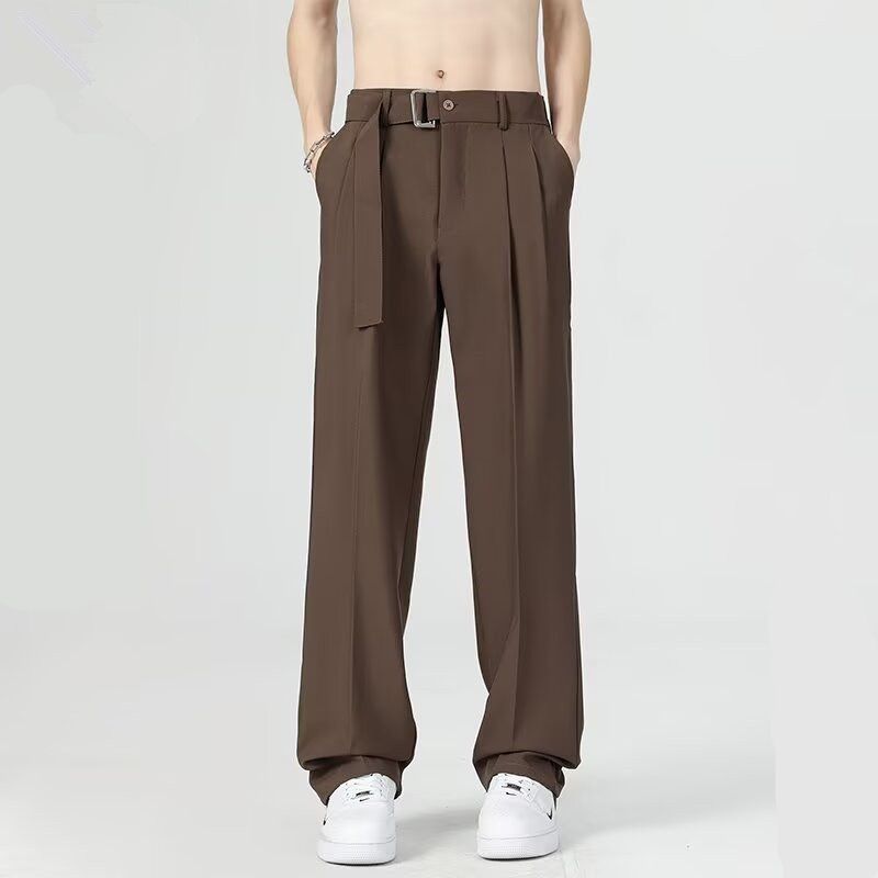 ストレートパンツ レトロスタイル ベルト付きストレートパンツ