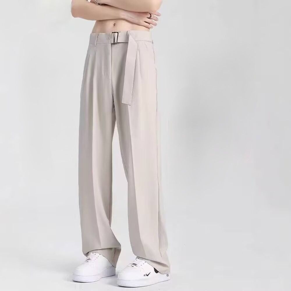 ストレートパンツ レトロスタイル ベルト付きストレートパンツ