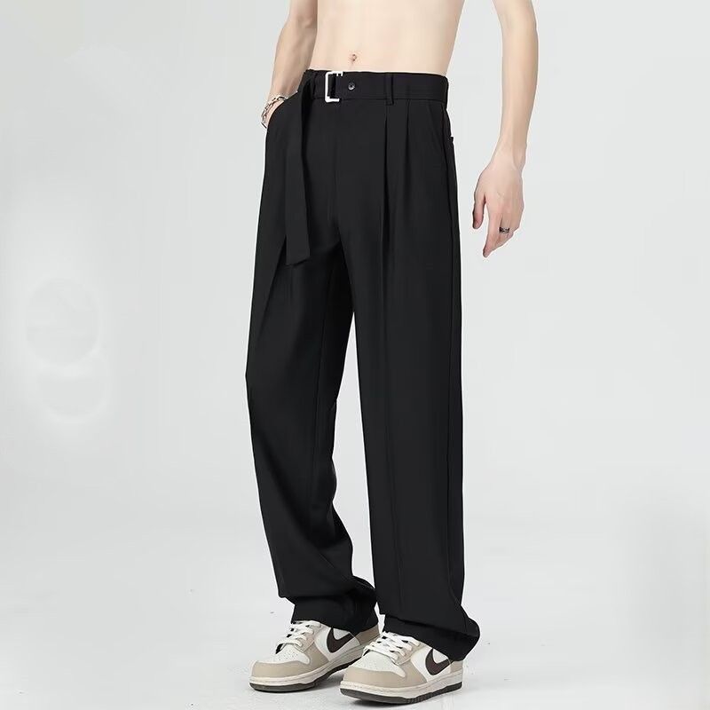 ストレートパンツ レトロスタイル ベルト付きストレートパンツ
