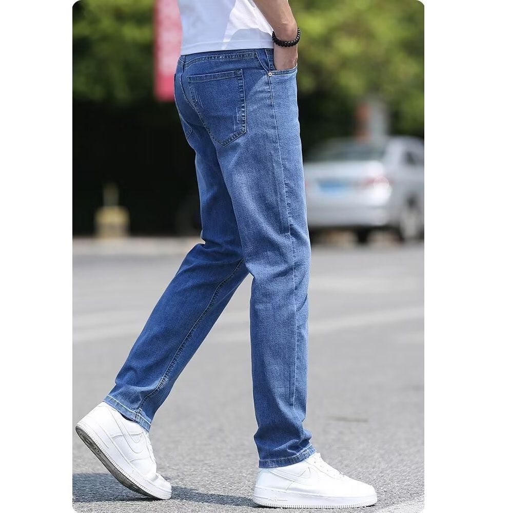 ストレートパンツ 涼感シルキー素材ストレートデニムパンツ