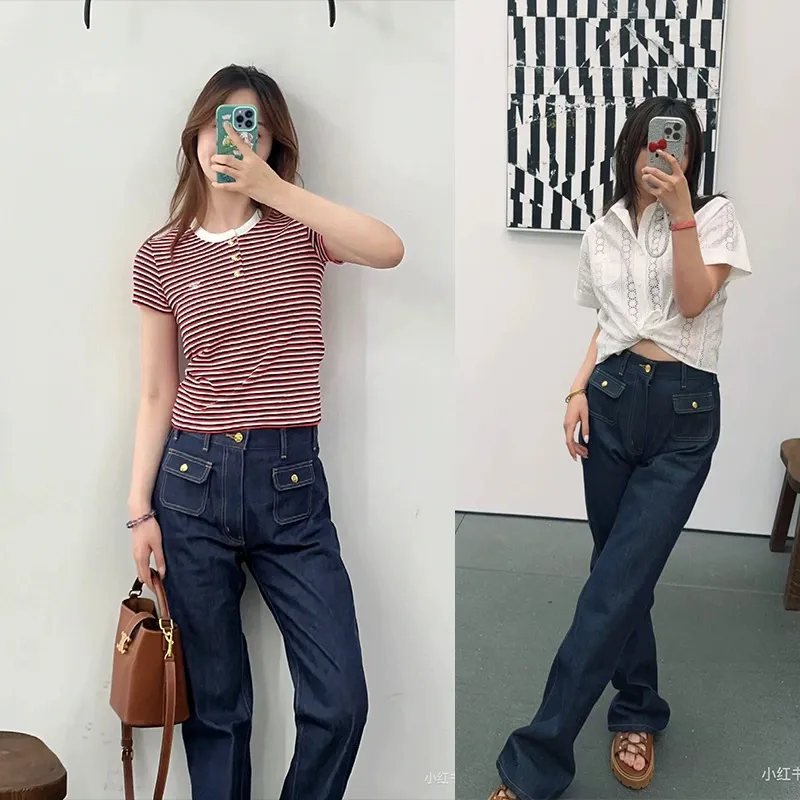 ストレートパンツ デザインポケット付き高腰ストレートデニムパンツ