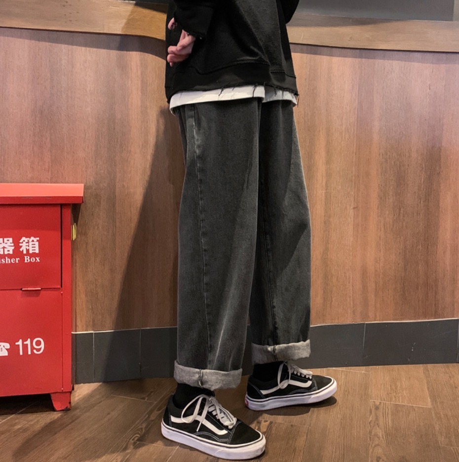 ストレートパンツ シンプルユニセックスワイドデニムパンツ