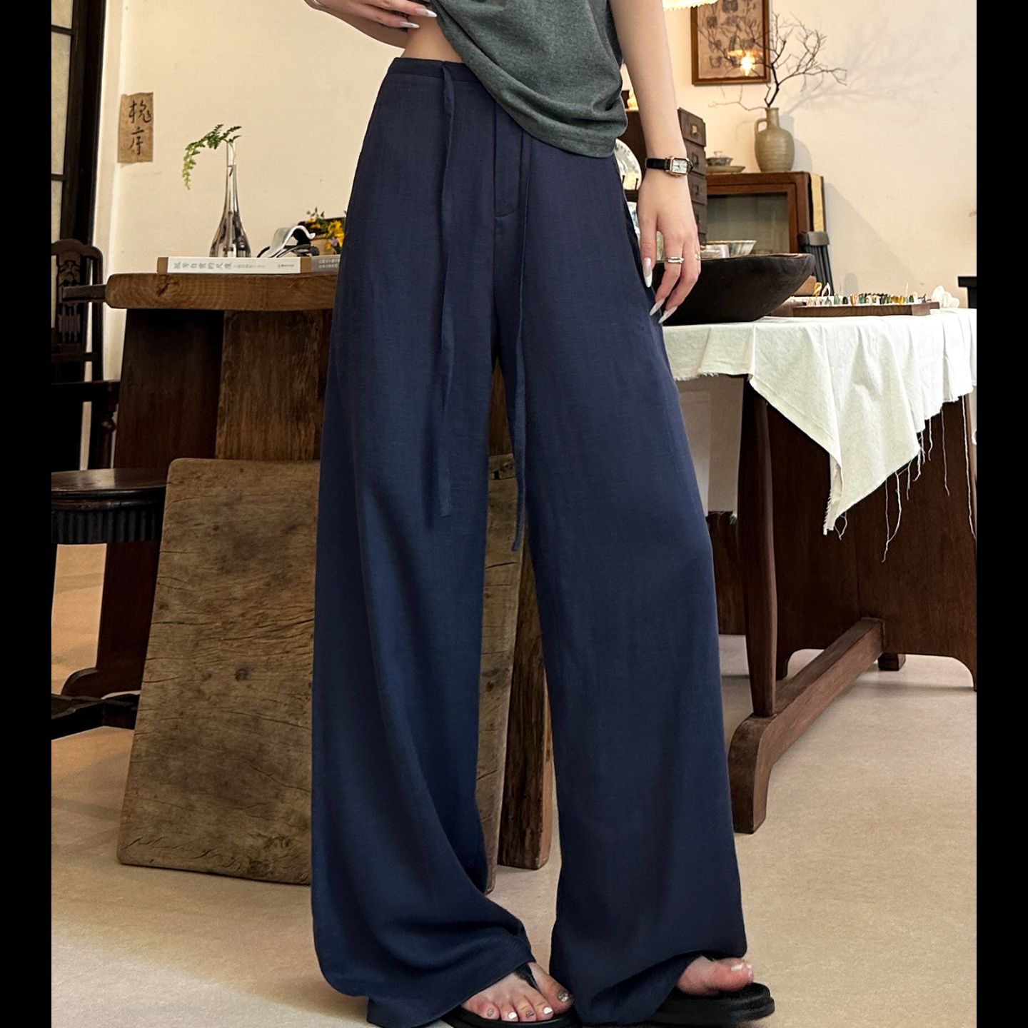 ストレートパンツ 上質リネン風ワイドスラックス