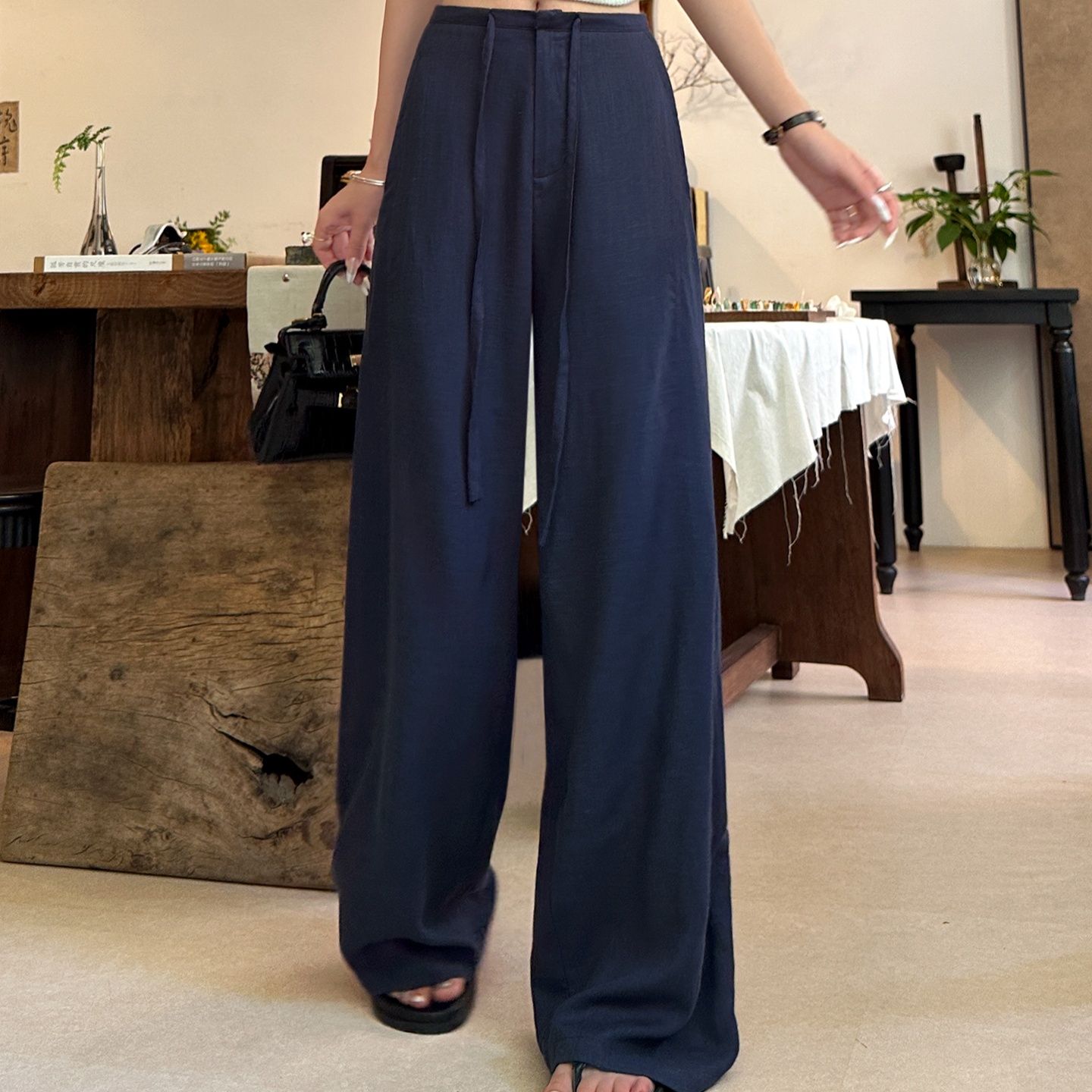 ストレートパンツ 上質リネン風ワイドスラックス