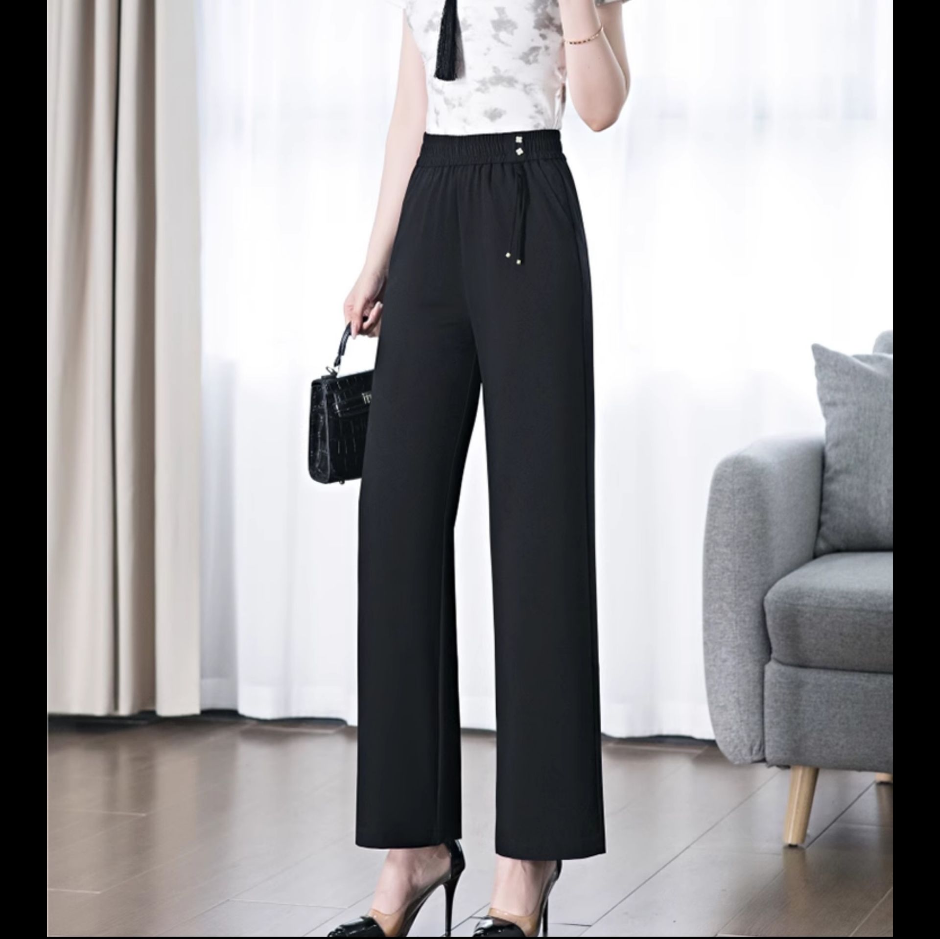 ストレートパンツ ウエスト紐付き上質ストレートスラックス